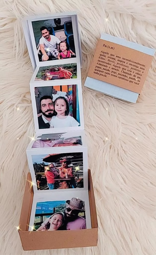Caixa de memórias personalizada com fotos, cartas e objetos, representando momentos especiais.
