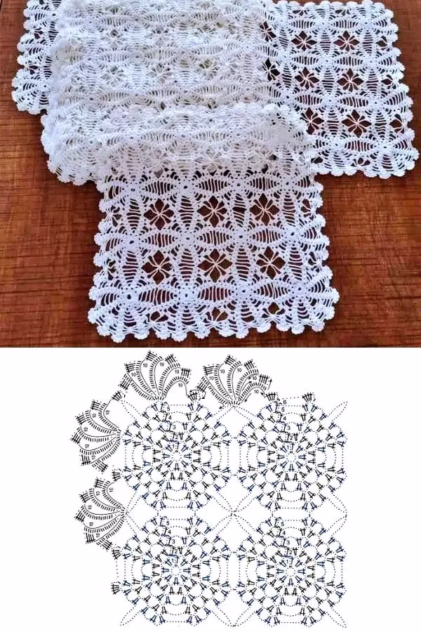 Caminho de mesa rendado branco com pontos abertos e detalhes delicados em crochê