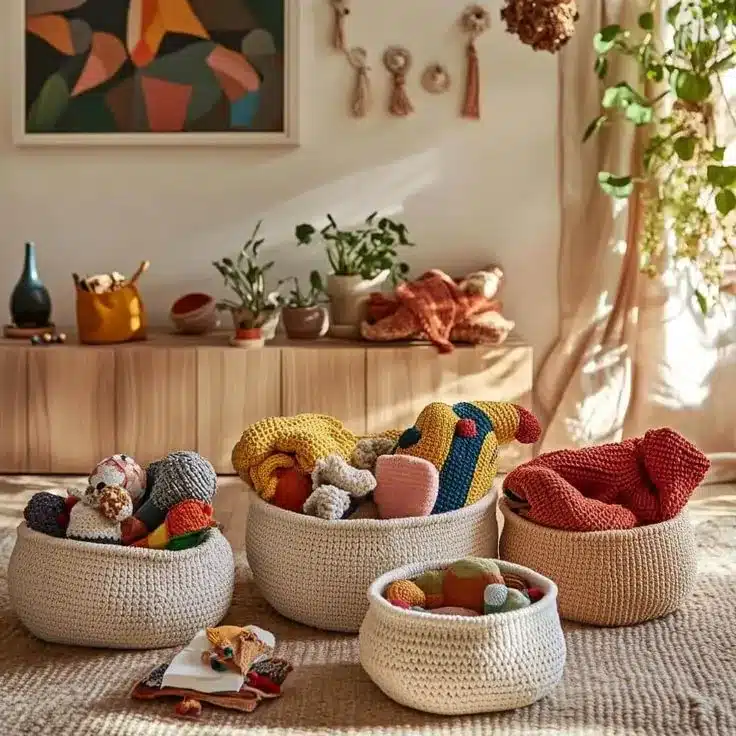 Cestos de crochê com mantas coloridas em decoração de varanda boho