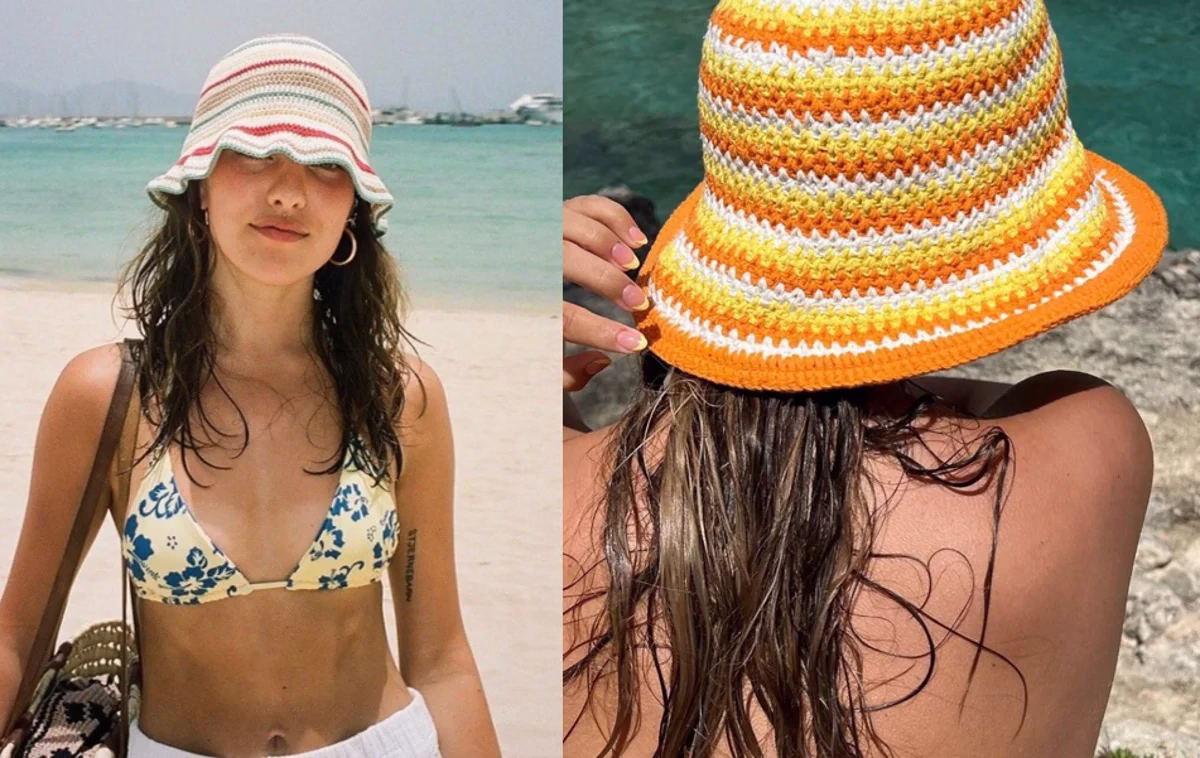 Chapéu de crochê colorido para praia, acessório perfeito para complementar o look de verão.