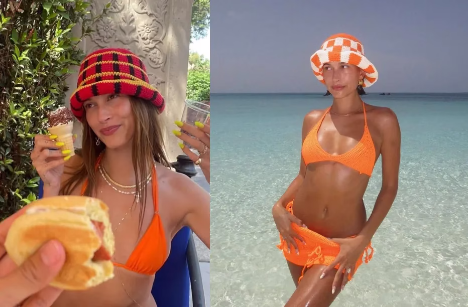 Chapéu de crochê colorido usado por Hailey Bieber, tendência para o verão 2025