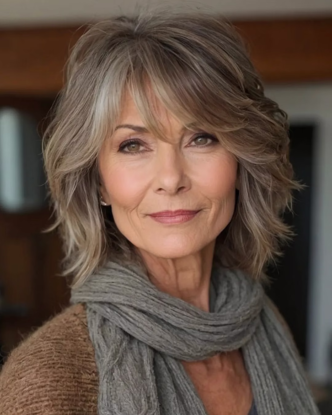 Mulher madura com cabelo grisalho em corte em camadas e franja suave.