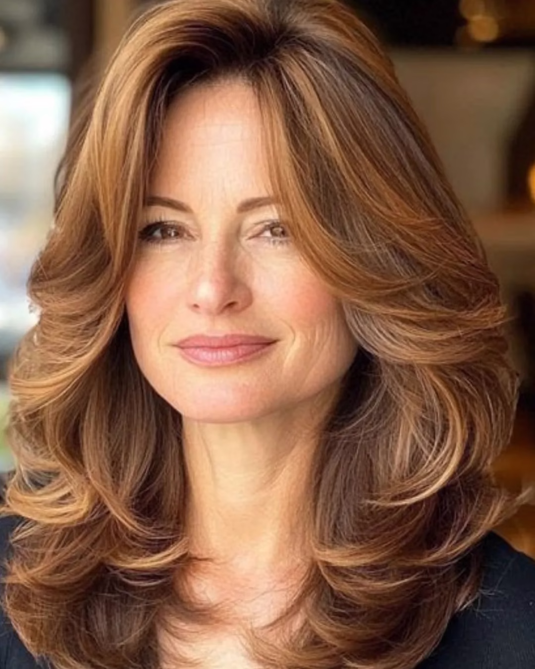 Mulher com cabelo castanho claro em corte volumoso em camadas.