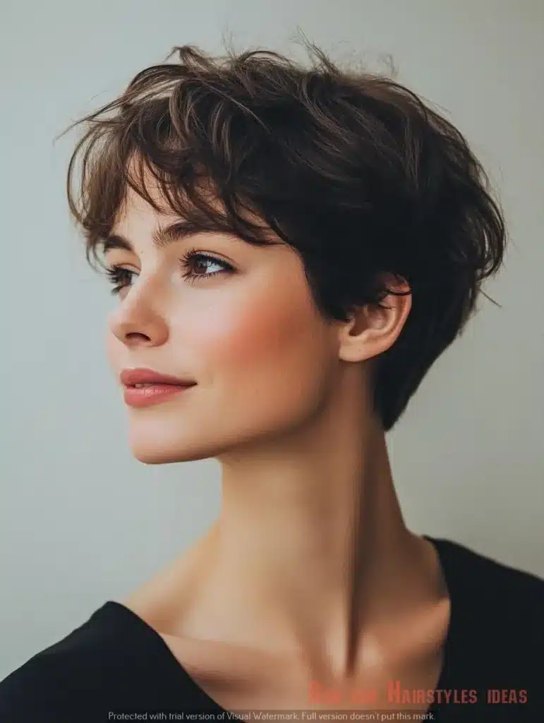 Corte pixie com volume no topo, estilo moderno e ousado.