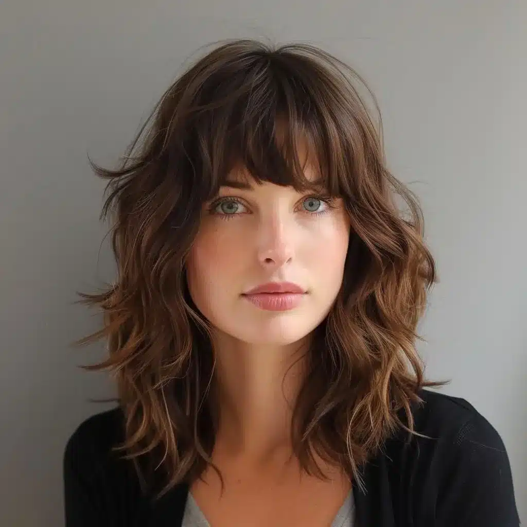 Corte shaggy com franja desfiada, cabelo volumoso e leve.