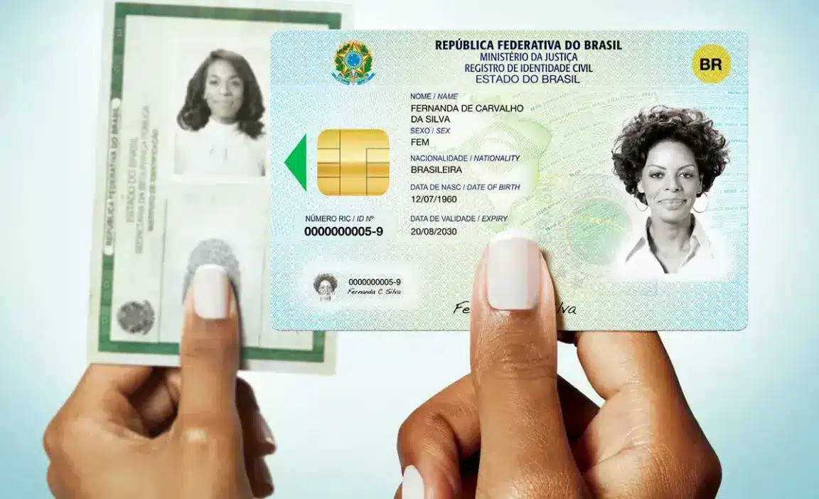 Imagem comparativa entre o antigo RG e o novo documento de identidade digital com chip.