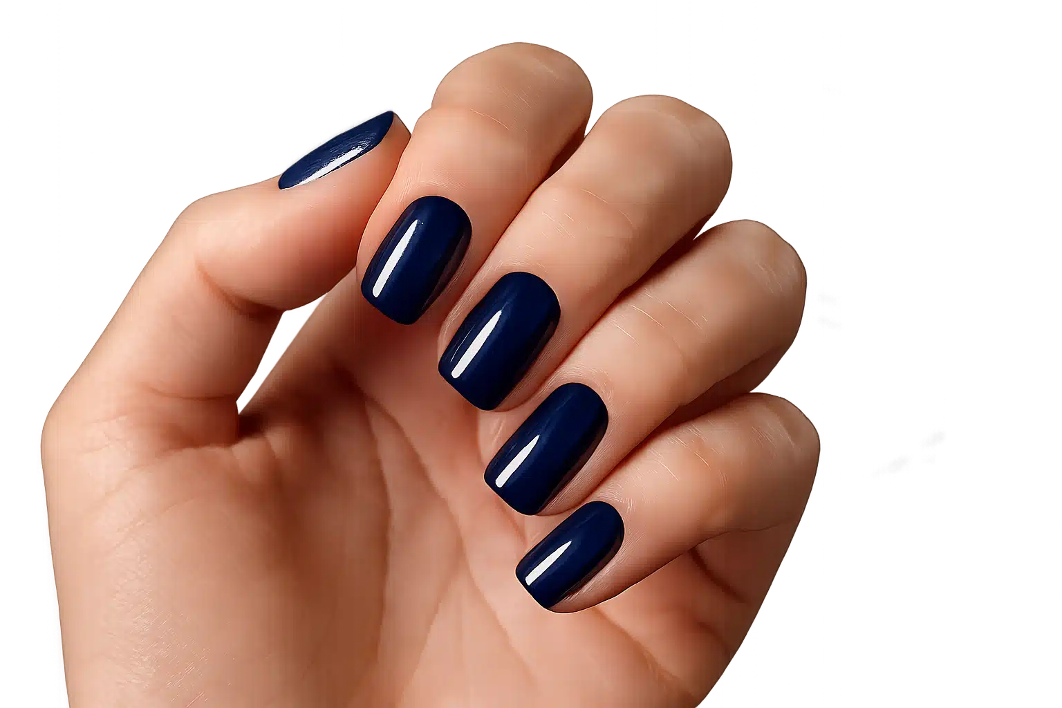 Mão com unhas pintadas de esmalte azul profundo, destacando a cor ousada e elegante.