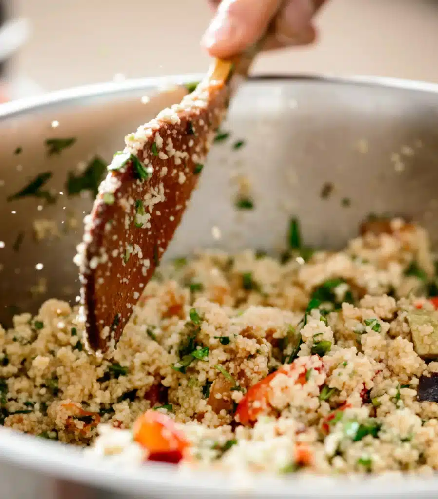 Homem mistura farofa jacuba com colher de pau em uma tigela grande.