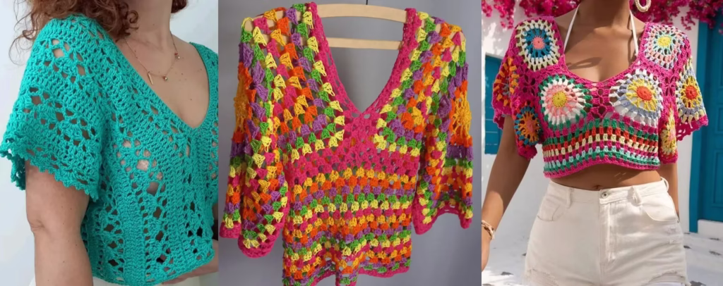 Blusas de crochê coloridas com designs variados e modernos, refletindo as tendências atuais de moda artesanal.