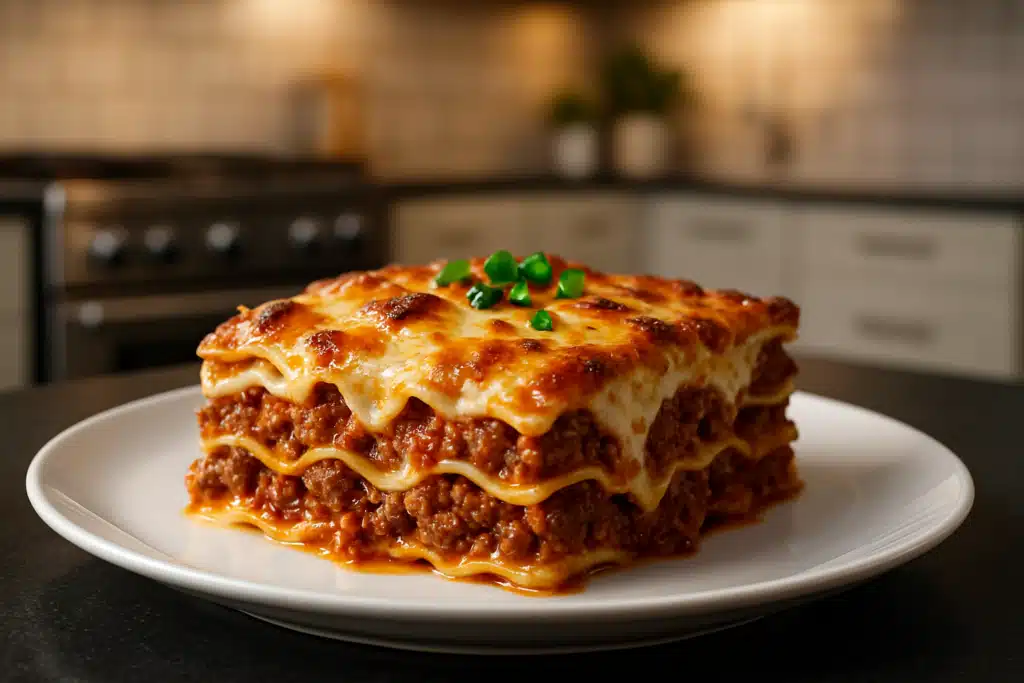 Lasanha à bolonhesa com queijo derretido servida em prato branco em cozinha moderna
