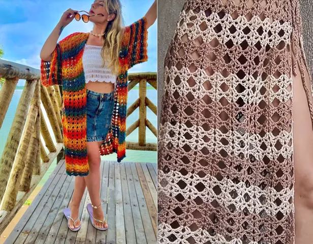 Looks de verão com saída de praia e saia de crochê em estilo leve e colorido