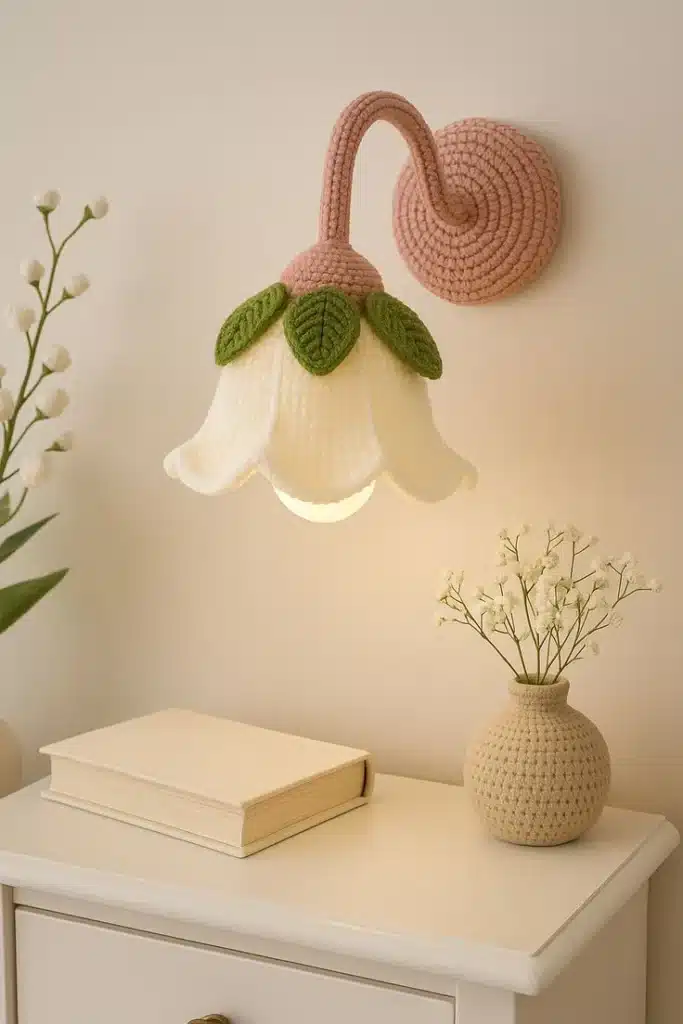 Luminária de crochê 3D em formato de flor, com pétalas brancas, folhas verdes e base rosa.