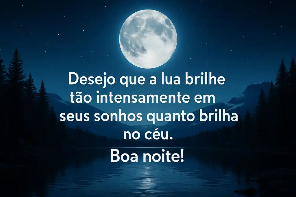 Foto de uma lua cheia brilhando sobre um lago e floresta. O texto sobre a imagem diz: 'Desejo que a lua brilhe tão intensamente em seus sonhos quanto brilha no céu. Boa noite!'