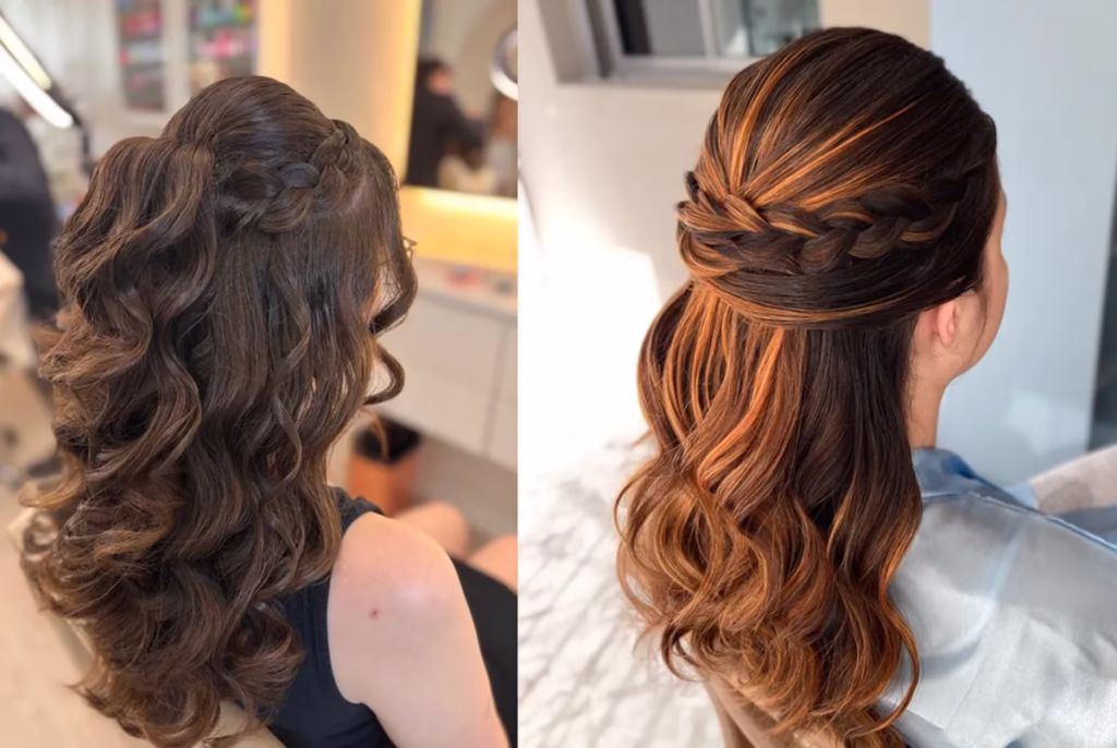 Penteado semi-preso com trança e ondas, perfeito para eventos e festas.