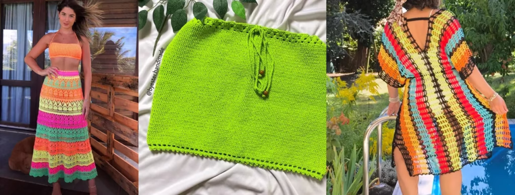 Três opções de saída de praia em crochê com fios naturais e cores vibrantes