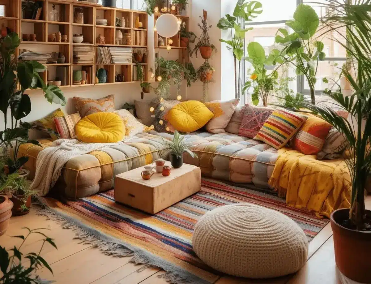 Sala boho chic com crochê, plantas e decoração artesanal colorida