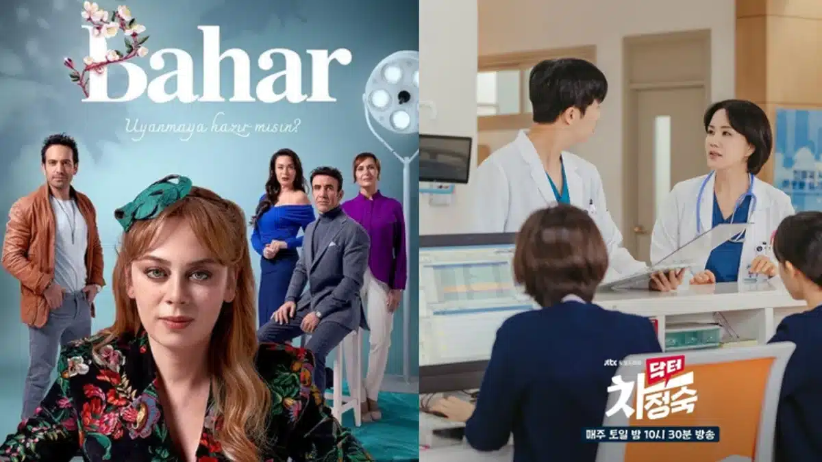 Pôster de série turca 'Bahar', inspirada no dorama 'Doctor Cha', com destaque para a personagem principal e outros membros do elenco.