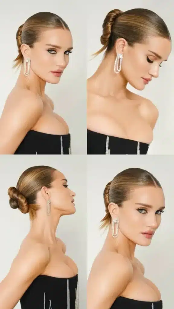 Sleek Hair com coque baixo e acessórios elegantes Penteado sleek hair com coque baixo, penteado elegante e sofisticado.