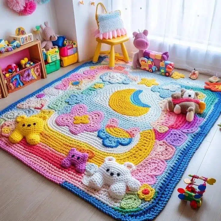 Tapete de crochê 3D infantil colorido com animais e flores em tons suaves.