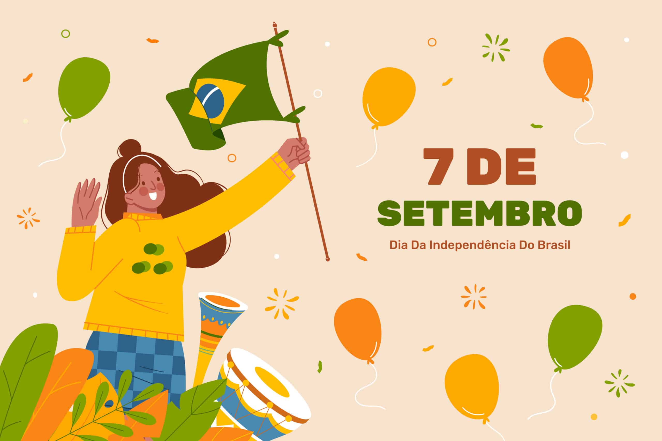 Ilustração celebrando o Dia da Independência do Brasil com uma pessoa agitando a bandeira e balões, representando o desfile de 7 de setembro.