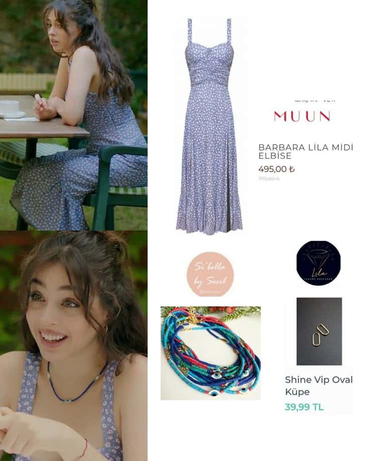 Atriz turca Cemre Baysel como Ada na série 'Baht Oyunu' usando um vestido midi lilás estampado. A imagem em colagem também exibe o vestido e os acessórios da marca MUUN, Sil'keler by Sesil e Shine Vip.