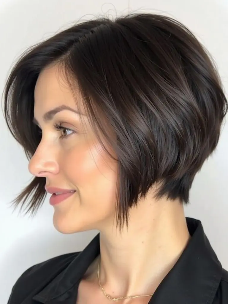 Mulher com corte de cabelo bixie, uma mistura de bob e pixie, destacando um estilo moderno e elegante.