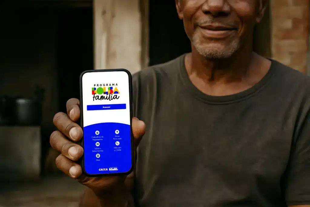 Homem segurando smartphone com aplicativo Bolsa Família na tela.