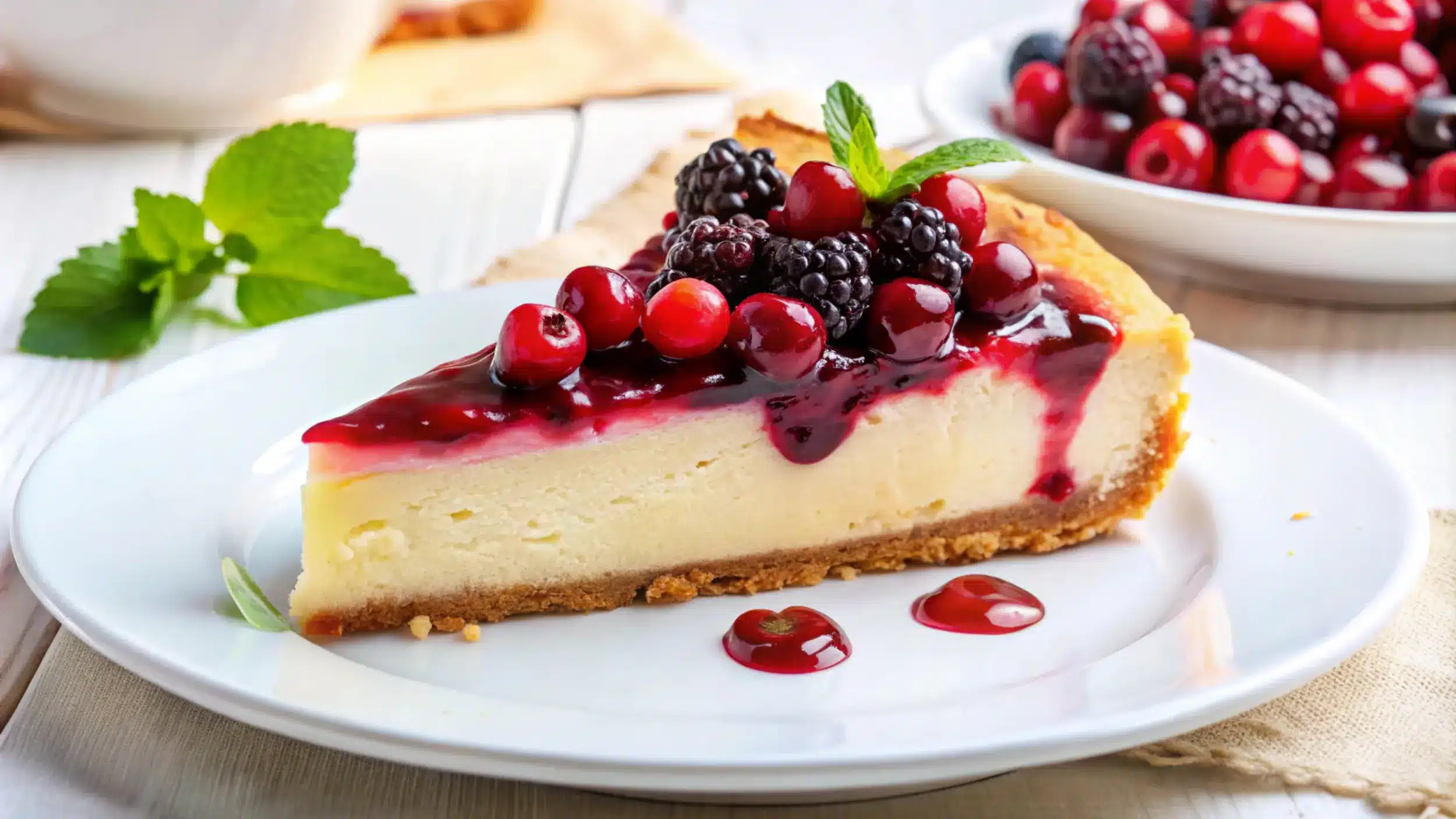 Fatia de cheesecake cremoso de 3 ingredientes coberto com calda de frutas vermelhas.