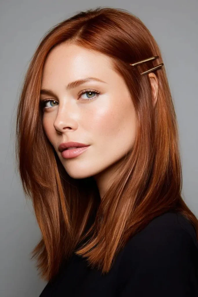 Mulher com cabelo ruivo brilhante, preso com grampos, olhando levemente para o lado.