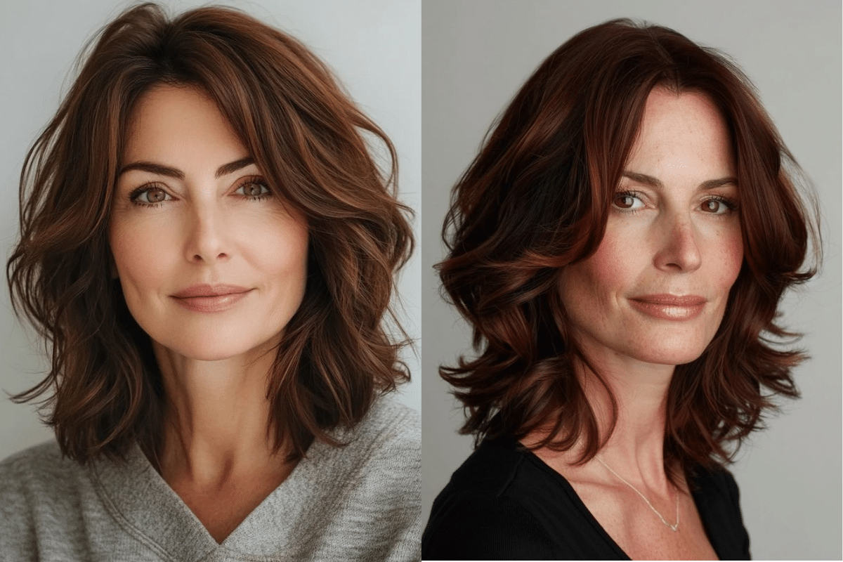 duas mulheres de meia-idade com cabelos castanhos posando para a câmera