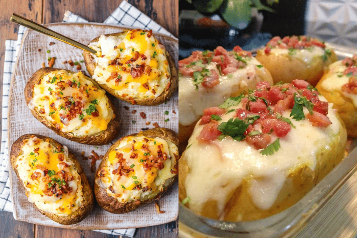 Duas imagens lado a lado de batatas assadas e recheadas. À esquerda, quatro batatas abertas com recheio cremoso, queijo derretido e bacon crocante, servidas em uma tábua de madeira. À direita, um close-up de batatas recheadas com queijo e bacon, em uma assadeira.