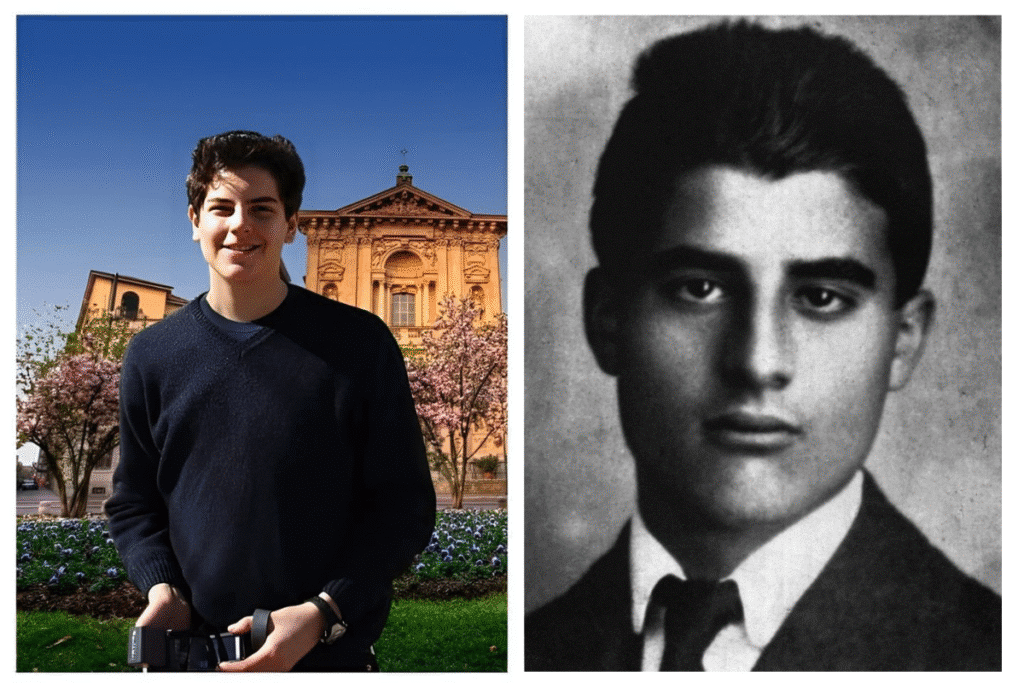 Retrato lado a lado de dois jovens santos: o beato Carlo Acutis sorrindo em frente a um prédio antigo e o beato Pier Giorgio Frassati em um retrato em preto e branco.