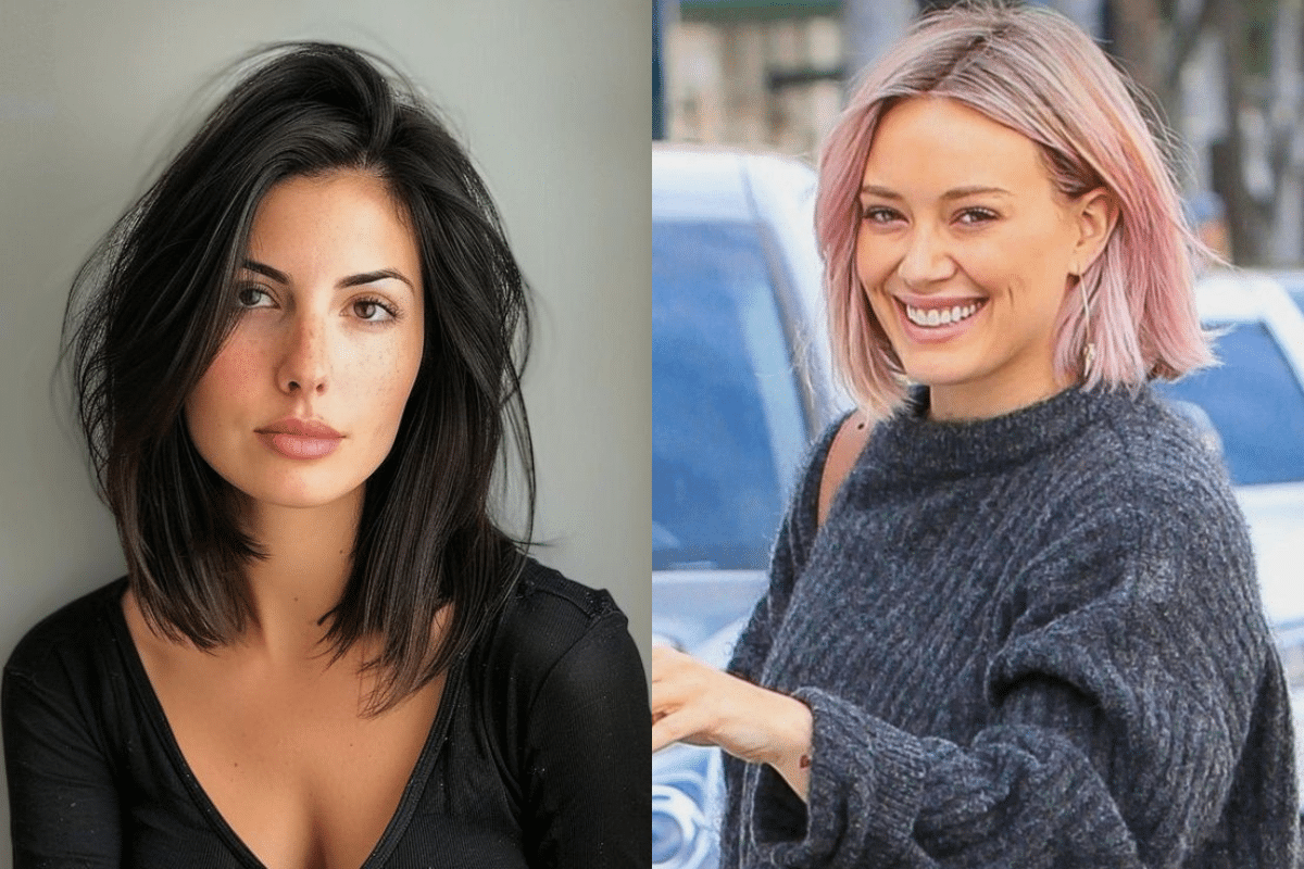 Corte bob médio moderno para cabelos escuros e corte de cabelo bob curto com mechas rosa, tendências de cortes de cabelo para a primavera.