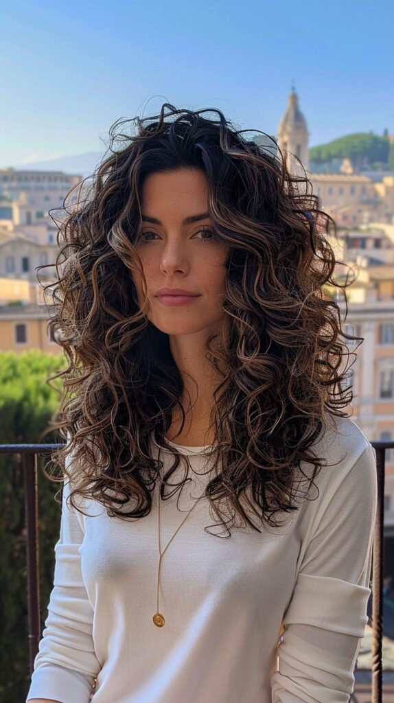 mulher com cabelo cacheado repicado e mechas em tons de castanho