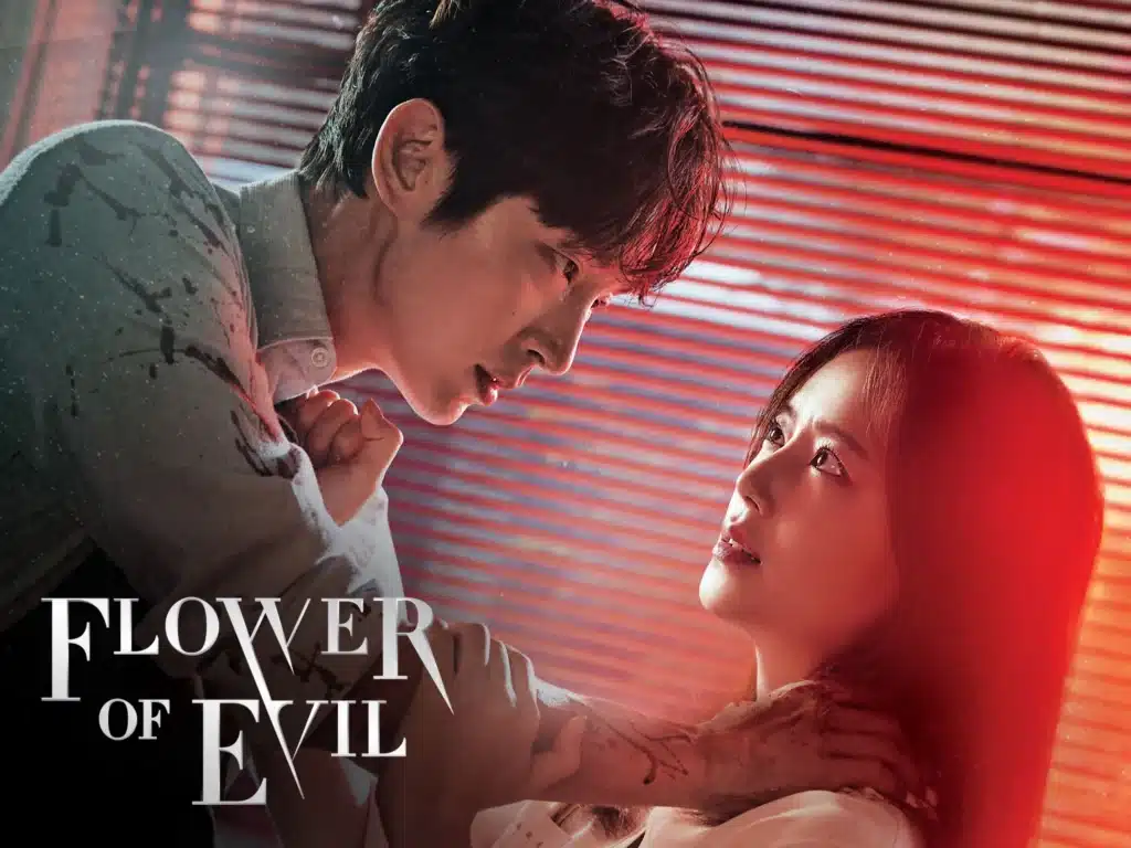 Imagem promocional do dorama Flower of Evil, destacando os personagens principais em um cenário tenso.