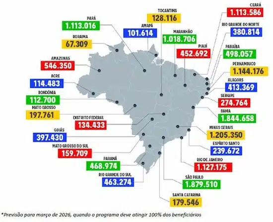 Mapa do Brasil com previsão de beneficiários para o programa até março de 2026.