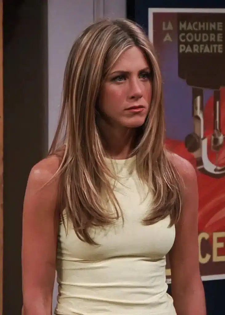 Personagem de Friends com corte de cabelo curve cut em cena icônica.