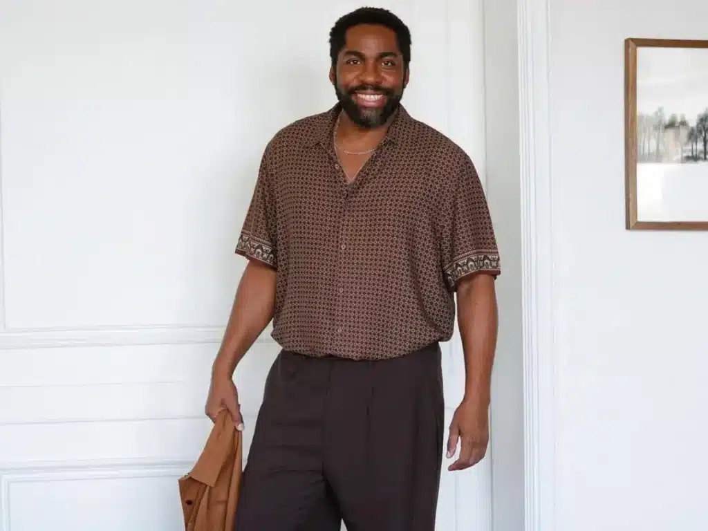 Ator Lázaro Ramos sorrindo, usando camisa estampada marrom e calça escura.