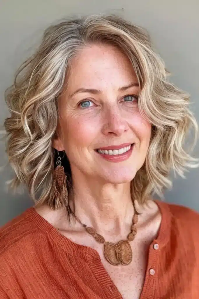 Mulher com cabelo loiro platinado suave, usando uma blusa laranja e acessórios naturais.