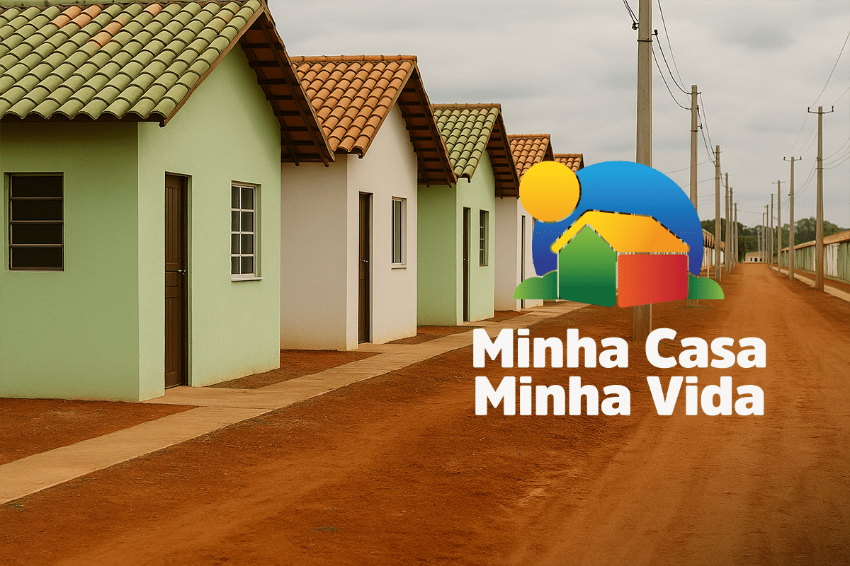Casas populares alinhadas em rua de terra vermelha com o logotipo do programa Minha Casa Minha Vida ao lado