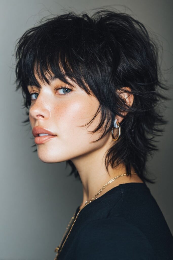 Mulher com corte mixie, combinando mullet e pixie, com cabelo curto e volumoso