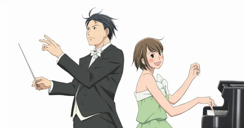 Cena do anime Nodame Cantabile mostrando um maestro e uma pianista tocando juntos