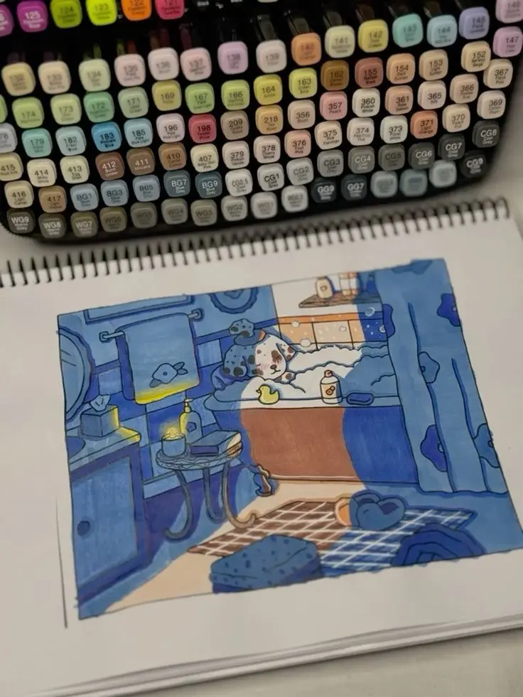 Bobbie Goods cria uma atmosfera relaxante e visualmente intrigante com seu uso criativo de luz e sombras em azul.