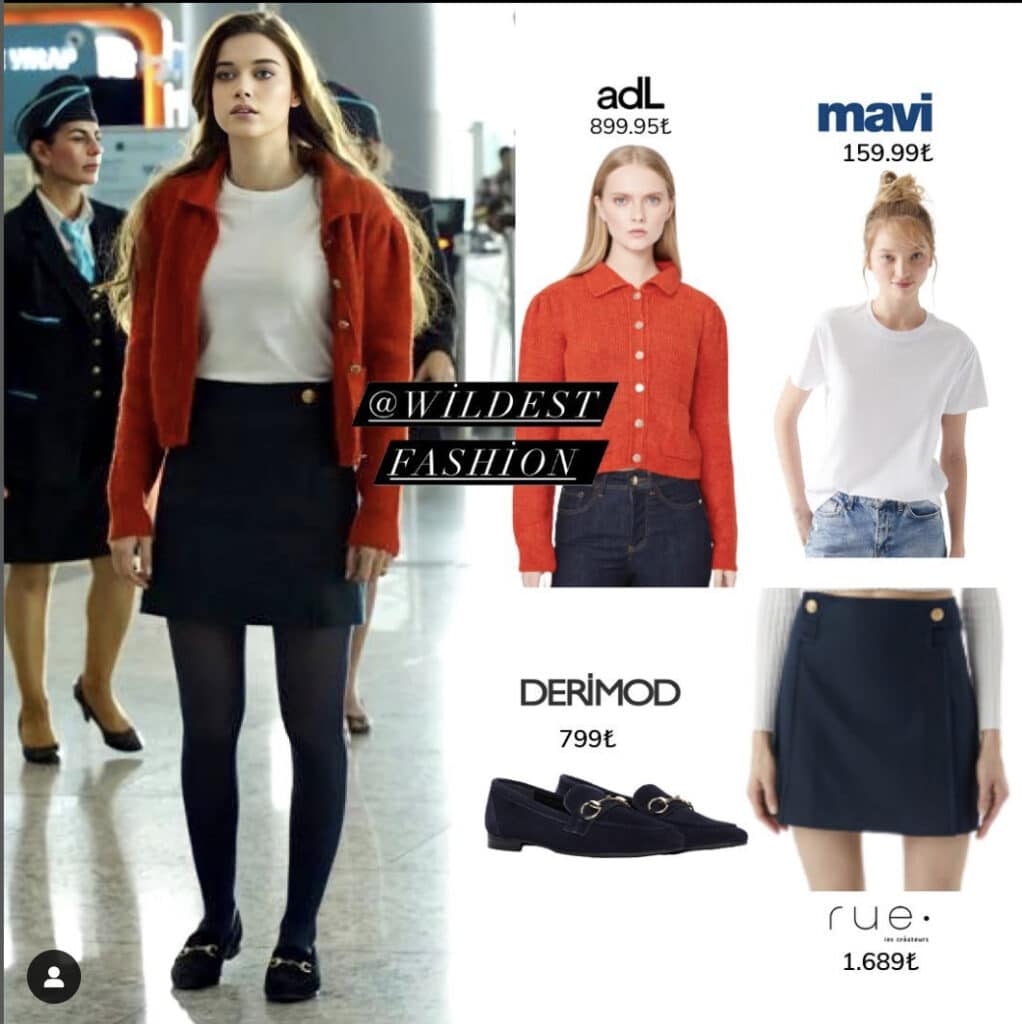 Colagem de fotos da atriz Afra Saraçoğlu como Seyran na série Yalı Çapkını, vestindo um look elegante com jaqueta preta, minissaia e botas de cano alto.