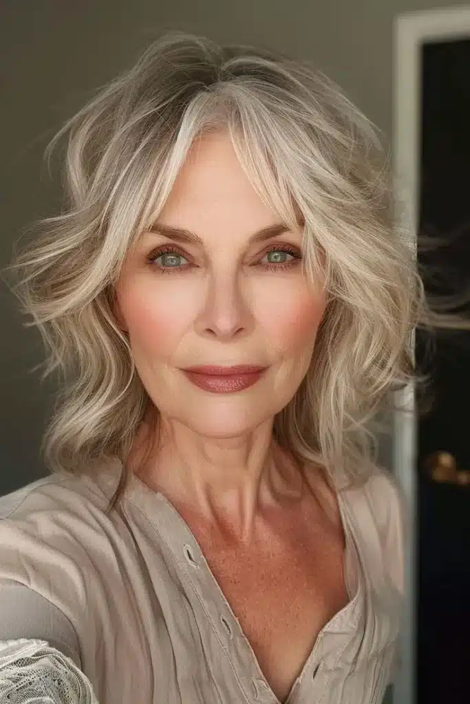 Mulher com cabelo shaggy, estilo moderno para mulheres 50+