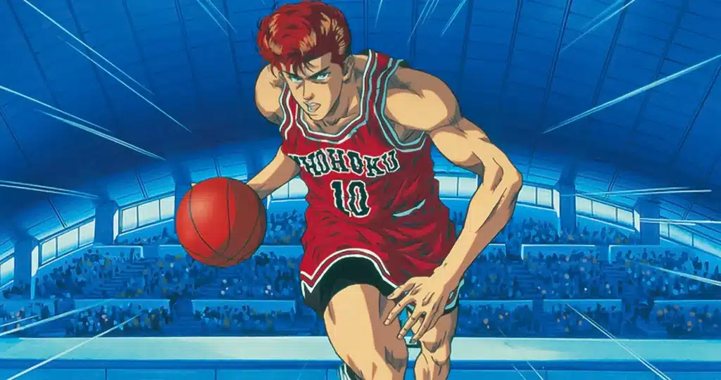 Imagem do anime Slam Dunk com Hanamichi Sakuragi jogando basquete.