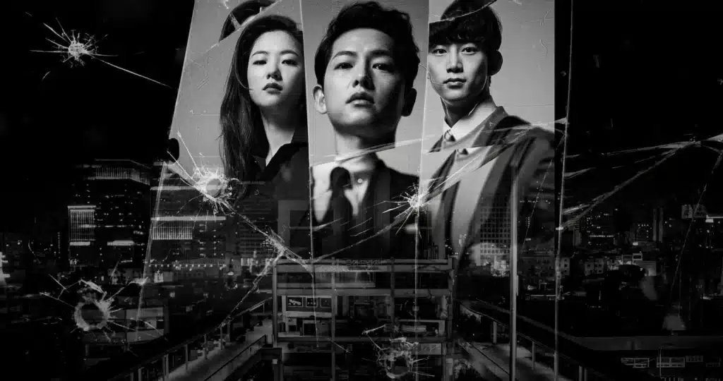 Cartaz do dorama Vincenzo, com os protagonistas em uma imagem em preto e branco com fundo urbano e estilhaços de vidro.