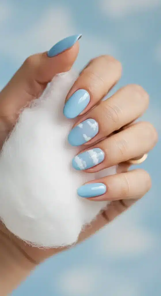 Unhas com esmalte azul bebê e nuvens brancas, criando um efeito suave e delicado.