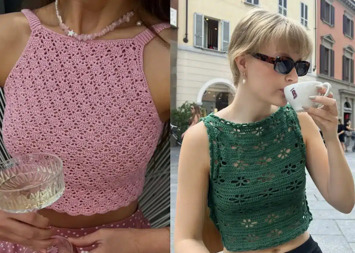 Imagem com duas blusas de crochê leves para a primavera, uma rosa e outra verde, em modelos estilosos e delicados.