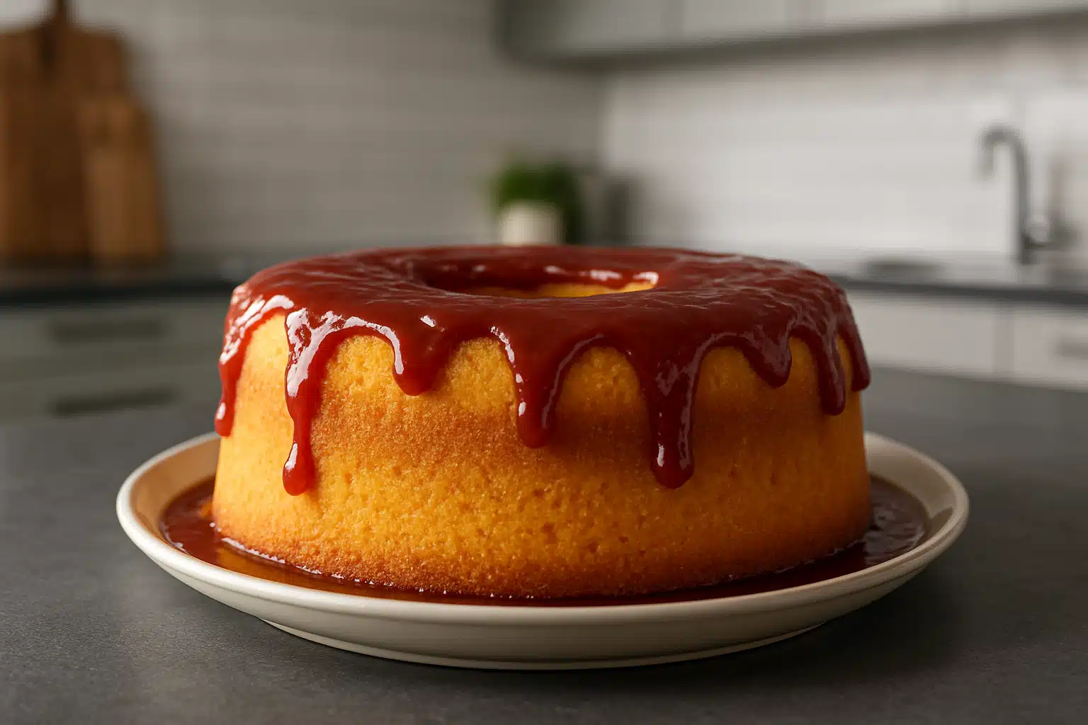 Bolo de fubá com cobertura de goiabada sobre um prato branco
